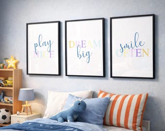 Kids Bedroom Wall Art Set of 3 | Play Nice Dream Big Smile Often Prints | Kids Room Decor | Nursery Wall Art | Modern Kids Prints