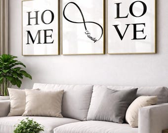 Family Home Wall Art Set of 3 Prints | Home Family Love Typography Prints | Modern Living Room Decor | Neutral Minimal Wall Art
