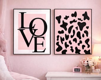 Pink Love Wall Art Set of 2 Prints, Fashion Bedroom Decor, Girls Room Wall Art, Modern Pink Typography Prints, Dressing Table Wall Decor