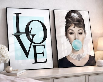 Audrey Hepburn Fashion Wall Art Set of 2 – Love Typography & Bubblegum Girl Print, Modern Glam Bedroom Decor, Girls Dressing Room Art