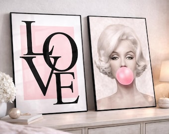 Marilyn Monroe Pink Fashion Wall Art Set of 2 – Love Typography & Bubblegum Girl Print, Modern Glam Bedroom Decor, Girls Dressing Room Art
