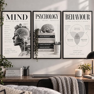 May include: A set of three black-framed wall art prints featuring psychology themes. The left print shows a profile silhouette with a brain and forest overlay. The centre print displays a stack of books topped with a brain. The right print shows a Venn diagram.