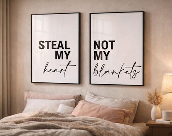 Steal My Heart Not My Blankets Print Set, Bedroom Wall Art Set of 2, Funny Couple Bedroom Decor, Modern Black and White Typography Prints