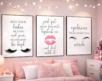 Fashion Quote Wall Art Set of 3 – Girl Power Prints, Makeup & Beauty Typography, Teen Girl Bedroom Decor, Modern Pink Fashion Posters