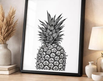Black and White Pineapple Wall Art Print | Modern Kitchen Decor | Minimal Botanical Illustration | Tropical Line Art Poster