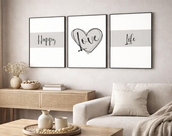 Happy Love Life – Set of 3 Minimalist Typography Prints | Modern Neutral Wall Art | Positive Quote Prints for Living Room or Bedroom