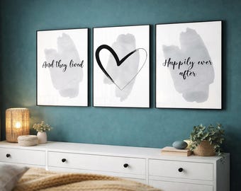And They Lived Happily Ever After Wall Art Set of 3 – Romantic Quote Prints, Modern Love Typography, Neutral Home Decor