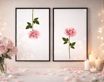 Set of 2 Pink Rose Wall Art Prints | Romantic Floral Bedroom Decor | Botanical Rose Prints | Soft Feminine Home Decor | Minimal Floral Art