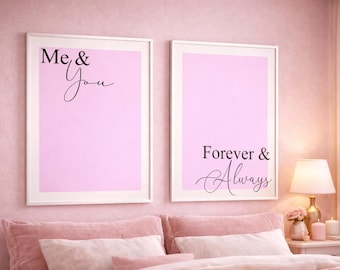 Me & You Forever Always Pink Wall Art Set of 2 | Bedroom Typography Prints | Romantic Neutral Home Decor | Modern Couple Wall Art