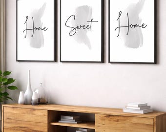 Home Sweet Home Wall Art Set of 3 | Modern Neutral Typography Prints | Minimalist Living Room & Hallway Decor | Black and White Wall Art