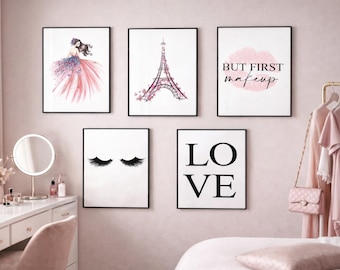 Fashion Wall Art Set of 6 Prints – Pink Beauty Quotes & Makeup Illustrations, Glam Dressing Room Decor, Girl Boss Wall Art, Teens Prints