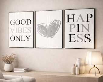 Good Vibes Only Wall Art Set of 3 | Modern Neutral Typography Prints | Happiness Quote Gallery Wall | Minimalist Home Decor