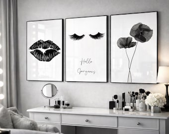 Black and White Fashion Wall Art Set of 3, Girls Bedroom Decor, Dressing Room Prints, Makeup Quote Wall Art, Modern Feminine Home Decor