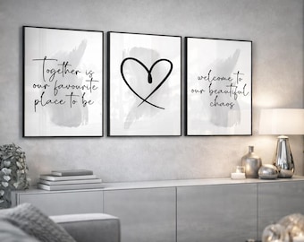Set of 3 Family Quote Prints | Modern Grey Wall Art | Couple Home Decor | Minimalist Living Room Prints | Neutral Home Art
