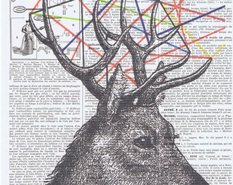 Deer,Antique Book Page.gift.home deco.Birthday,buy 3 get 1 FREE.antlers,wife,french.paris.mixed media.handmade.geometric.forest animal.hart