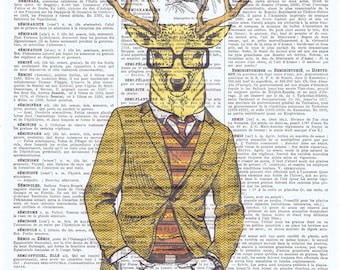 Hipster.Deer.Antlers.Glasses.Cool.antique book page print.stylish.paris.french.gift.suit.nursery.den.home deco.art.eco.boyfriend.fahionista