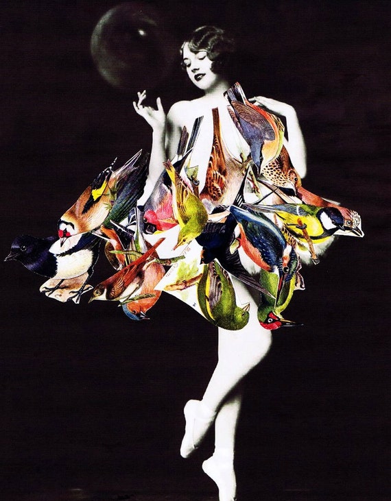 Ballerina.Birds.Mixed Media.Vintage photo.Print.Gift.Eco.100% recycled paper.dancer..tutu.classy.twenties.art affordable.home deco.avian