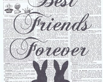 Besties.Best firends.BFF.Art print.Rabbit,bunny,repurpose book page,buy 3 get 1 free,paper ephemera,french, paris,art.nursery.gift.housewarm