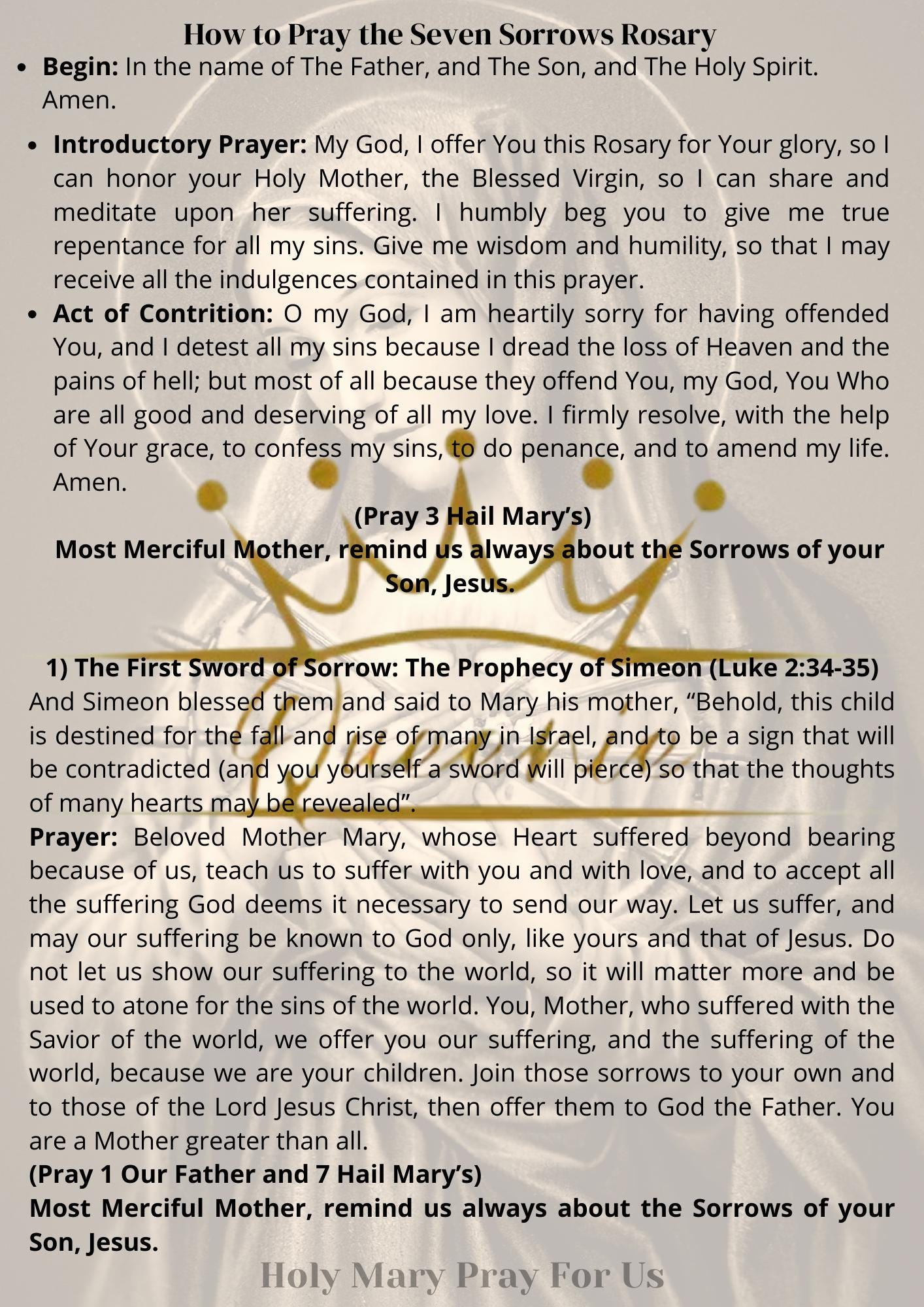 Sorrowful Heart of Mary Prayer I Printable Prayer of 7 Sorrows Rosary I ...