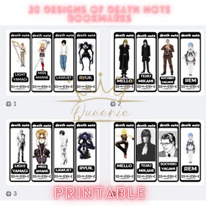 Druckbare Death Note Lesezeichen I Herunterladbare Light Yamagi I Miss Amane I Lawliet I Ryuk I 20 Designs im PDF