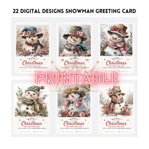 Digitale vintage kerstsjaal besneeuwde kerstkaart I Afdrukbare sneeuwpopwenskaart I Digitale sneeuwpopkaart I