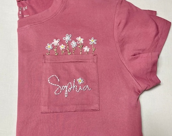Hand embroidered women’s pocket tee with flowers personalized monogram