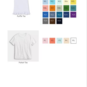 Puede incluir: Se muestra una camiseta blanca con volantes y una camiseta blanca con bolsillo. Las muestras de color est&aacute;n dispuestas en filas y columnas, etiquetadas R1-R28 y P1-P5. La imagen muestra una variedad de opciones de color posibles para la ropa.
