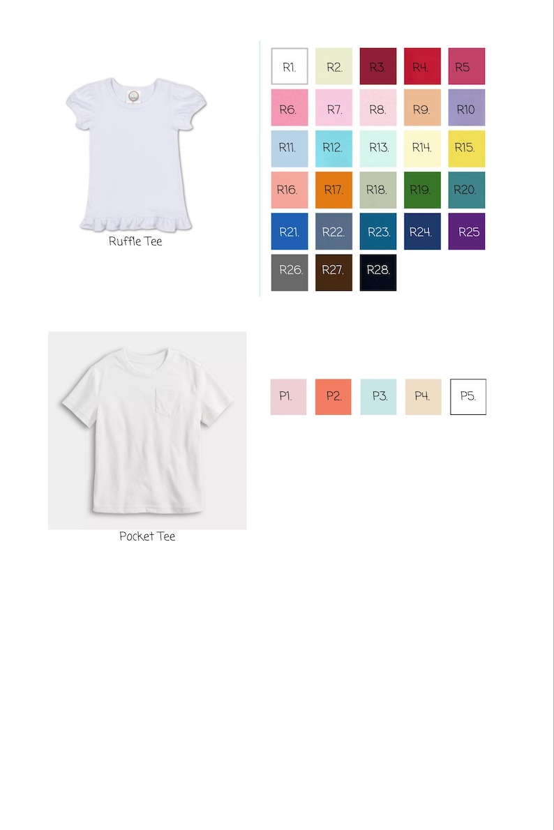 Puede incluir: Se muestra una camiseta blanca con volantes y una camiseta blanca con bolsillo. Las muestras de color est&aacute;n dispuestas en filas y columnas, etiquetadas R1-R28 y P1-P5. La imagen muestra una variedad de opciones de color posibles para la ropa.