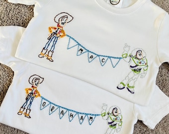 Hand Embroidered Toy Story Shirt: Woody, Buzz, Custom Name