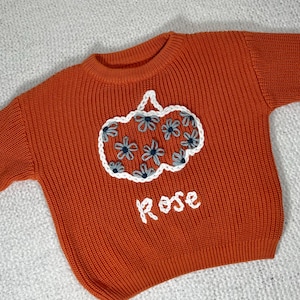 Toddler baby kids hand knit sweater hand embroidered sweater with name and flowers floral name pumpkin Halloween thanksgiving personalized