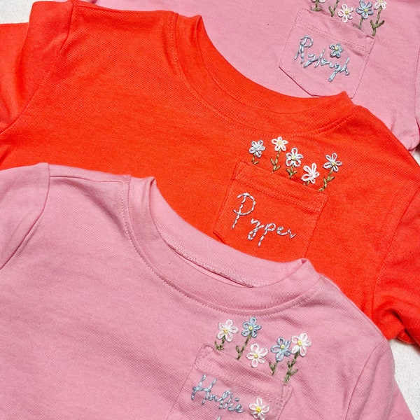 Hand embroidered toddler girls pocket tee with flowers personalized monogram