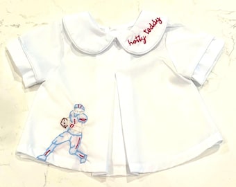 Hand Embroidered Ole Miss Baby Shirt, Peter Pan Collar Diaper Shirt, Hotty Toddy, Red Blue
