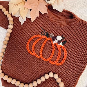 Toddler baby kids hand knit sweater hand embroidered sweater flowers floral name with pumpkin Halloween thanksgiving personalized pumpkin