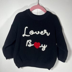 Lover boy Toddler baby kids hand knit sweater hand embroidered sweater name personalized Valentine’s Day valentine boy boys heart love red
