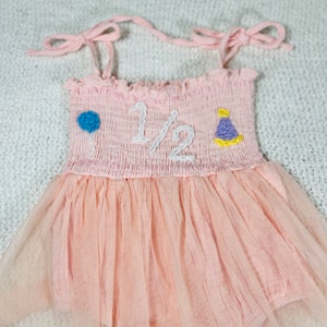 Half birthday romper 1/2 outfit toddler romper outfit tutu 6 months old hand embroidered onesie one party hat balloon customizable