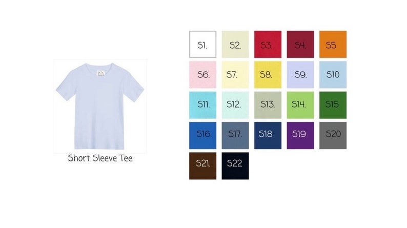 May include: A light blue short sleeve tee shirt with a v-neck. A color chart shows 22 different color options for the shirt.