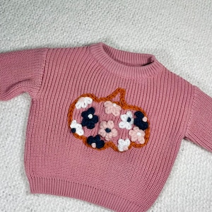 Toddler baby kids hand knit sweater hand embroidered sweater flowers floral name with pumpkin Halloween thanksgiving personalized pumpkin