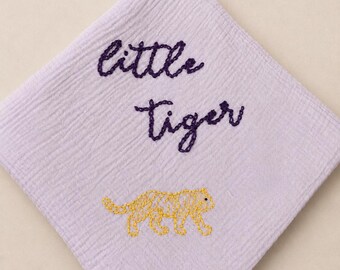 Purple & Gold Little Tiger Hand Embroidered Swaddle Blanket Baby Blanket LSU Baby Gift Personalized Baby Shower Gift Custom Newborn Muslin