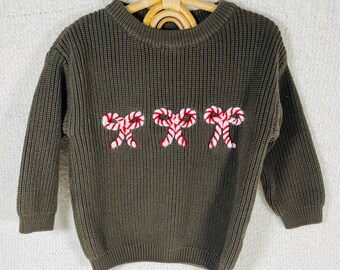 Hand Knit Christmas Sweater: Embroidered Candy Cane, Personalized Name