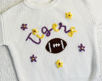 Hand-Knit Toddler Sweater: LSU Tigers, Embroidered Flowers