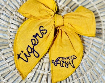 Hand Embroidered LSU Tigers Linen Bow, Baby Girl Clip
