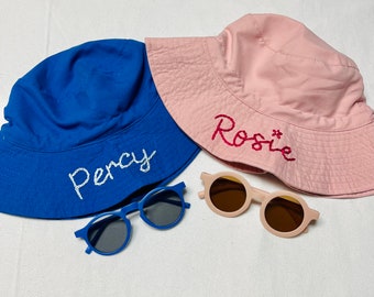 Hand Embroidered Personalized Bucket Hat & Sunglasses Set, Summer Sun Protection