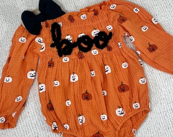 Hand Embroidered Halloween Romper: Pumpkin Ghost, Baby Toddler Outfit