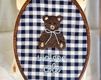 Hand Embroidered Baby Name Sign: Teddy Bear Nursery Wall Art