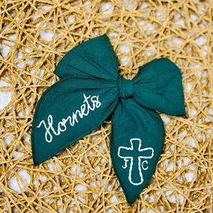 Hand Embroidered Hornets School Bow, Catholic School Initial Cross