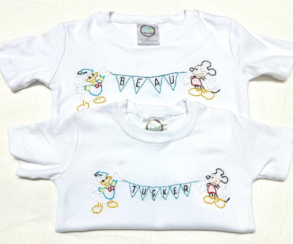 Hand Embroidered Disney Tee: Personalized Mickey Mouse, Donald Duck Banner Custom Birthday Sibling matching shirts vacation kids tee