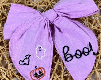 Lazo de Halloween bordado a mano, fantasma, calabaza, murciélago, abucheo y pinza de cocodrilo.