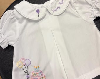 Hand Embroidered Happy Birthday milestone Diaper Shirt with cake and balloons customizable