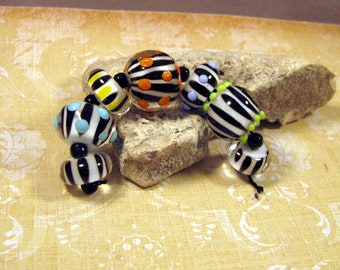 Artisan Lampwork Bead Set by Monaslampwork on Etsy - Circus Tent - Black and White with Color Handmade Lampwork Beads Mona Sullivan (9768)
