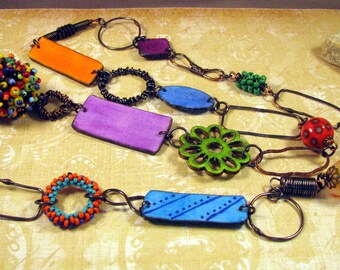 Artisan Colorful Enamel on Copper Felt Polymer Wire Woven and Beaded Component Necklace by Monaslampwork on Etsy by Mona Sullivan Boho(9650)